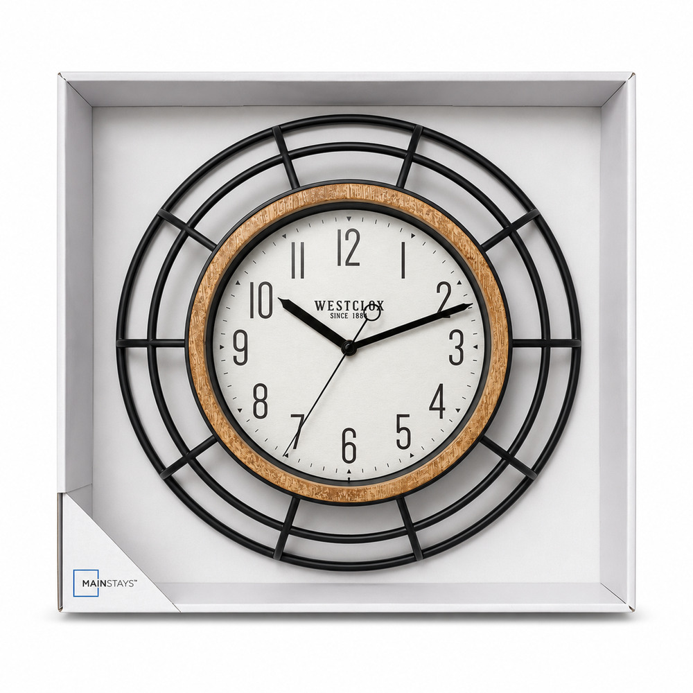 Mainstays 12" Westclox Farmhouse Wall Clock Black Metal Wood Look New